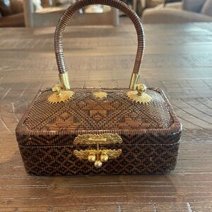 Antique Vintage Woven Yan Lipao Fiber Handbag with Brass Hardware from Thailand
